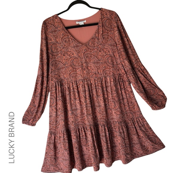 LUCKY BRAND | NWOT PAISLEY TIERED RUFFLE FLOUNCE BOHO MIDI LONG SLEEVES | MEDIUM - Picture 1 of 9